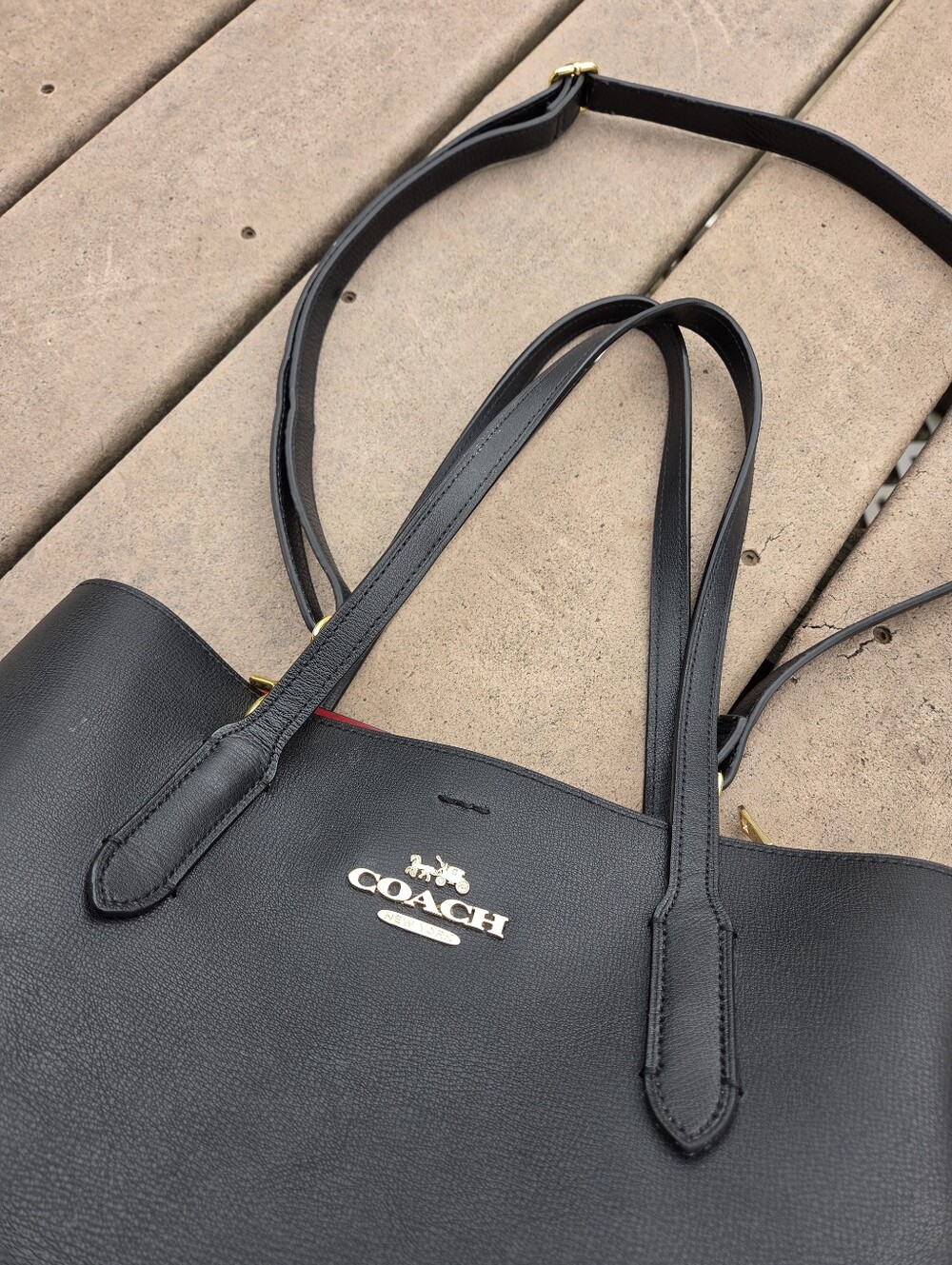 Coach Avenue Carryall Black Leather with Red Interior Tote Bag/Purse (F48733) - Picture 4 of 11